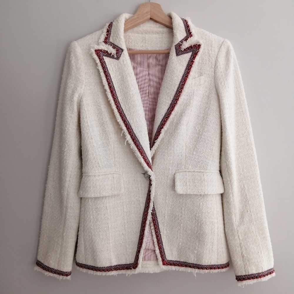 Veronica Beard Raw Edge Cutaway White Tweed Dickey Blazer with Red Trim 0